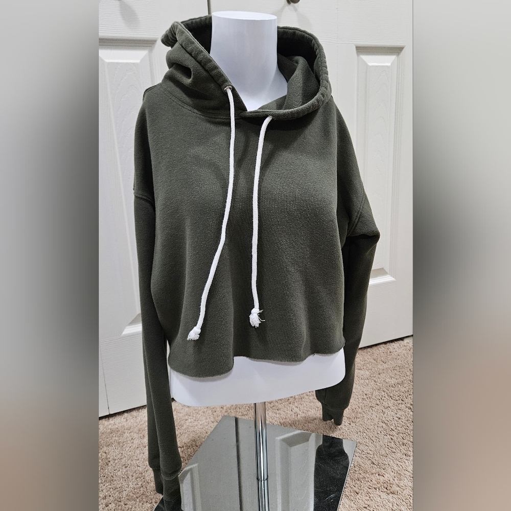 wild fable Olive Green Cropped Hoodie with White Drawstrings - Picture 1 of 6
